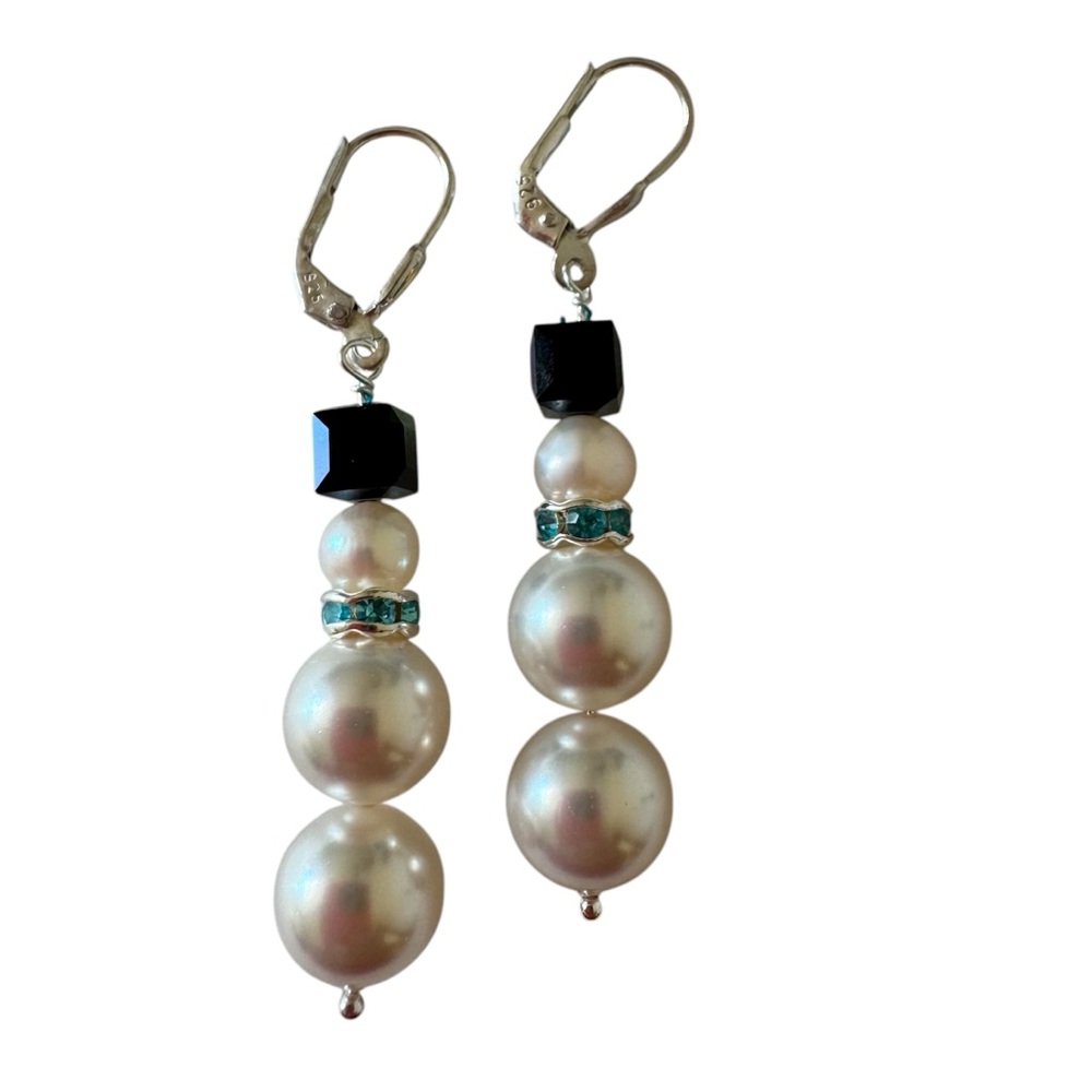 925 Sterling Silver Swarovski Crystal Pearl Snowman Earrings NEW